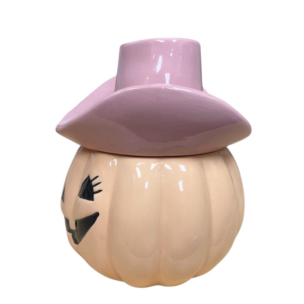 Pink Cowboy Hat Pumpkin Ceramic Canister Jack O Lantern Western Halloween Decor - Picture 5 of 6